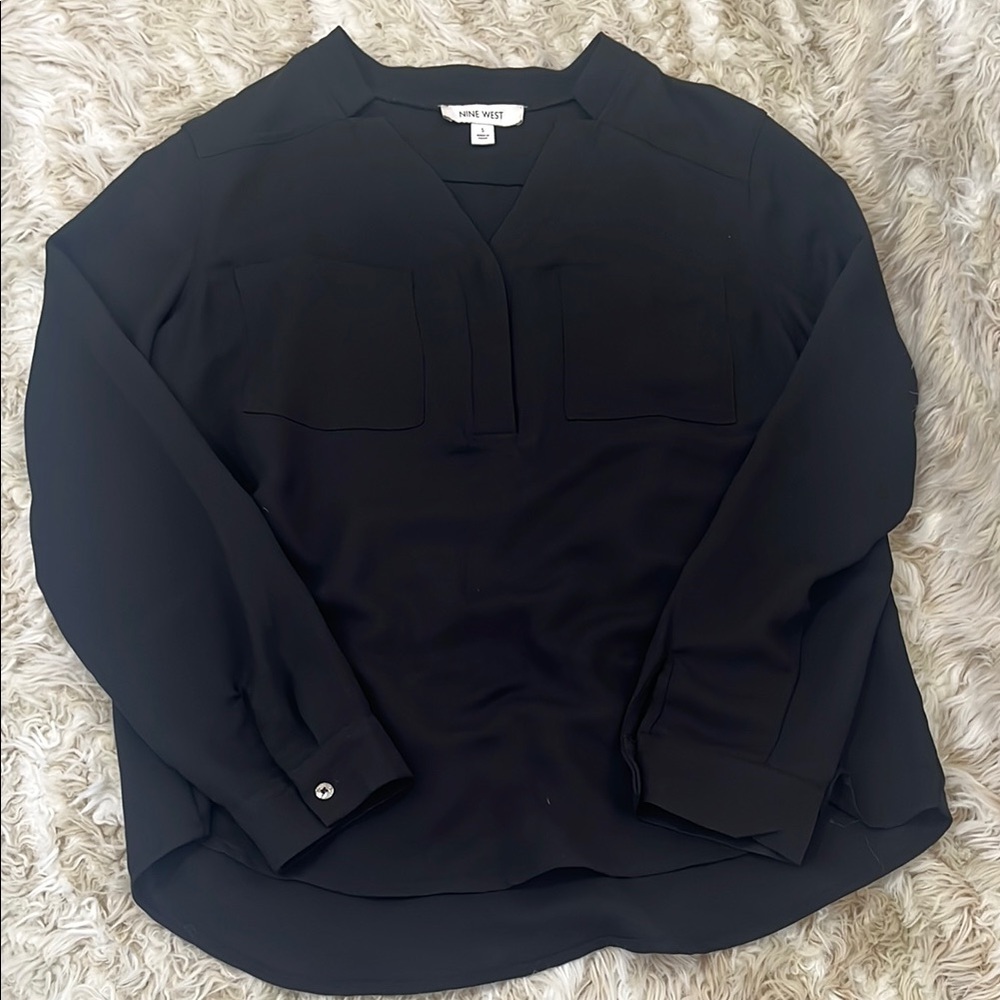 Nine West Black Buttoned Mandarin Collar Blouse